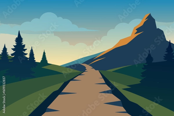 Obraz Winding mountain path through a stylized landscape at sunset