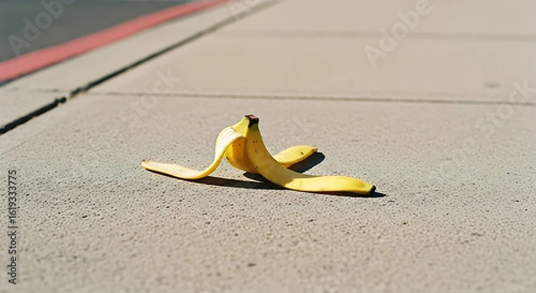 Fototapeta Abandoned Banana Peel on Sidewalk Surface for 30% Accidents and Potential Hazard