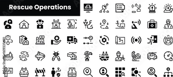 Fototapeta A diverse set of minimalist icons representing rescue operations, featuring healthcare, emergency services, and various rescue scenarios, ideal for educational or informational use.