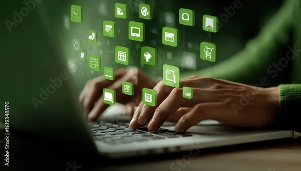 Fototapeta Person working on a laptop with floating, light green app icons