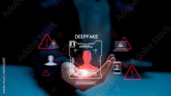 Obraz Digital warning about deepfake identity theft and cyber threats, with facial spoofing, AI-generated profiles, and secure login breach alerts shown in a futuristic user interface concept.