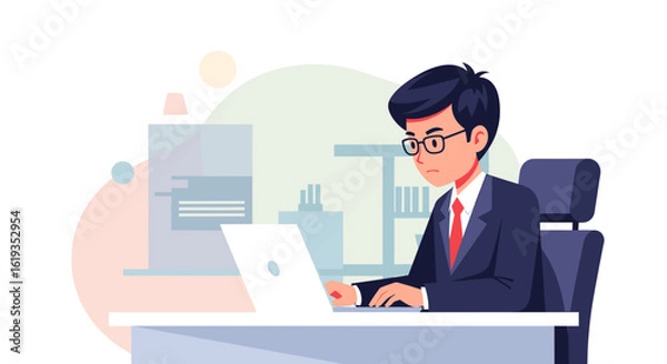 Obraz Young businessman working on laptop, perfect for website banners or business presentations.