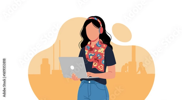 Fototapeta Young woman using laptop, vector illustration perfect for website banners or blog posts about remote work, technology, or lifestyle.