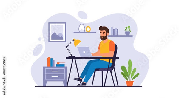 Obraz Man working from home on laptop, ideal for remote work, freelance, or work-life balance blog posts.