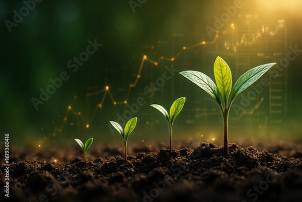 Fototapeta AI generated young plants sprout in stages across rich soil with a glowing upward chart in the background symbolizing progress finance investment sustainability hope and long term growth