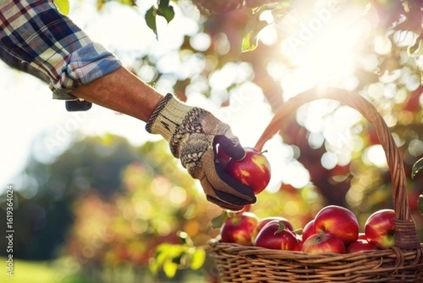 Obraz Harvesting ripe apples in a sunny orchard during autumn, showcasing a hand picking fruit for a basket