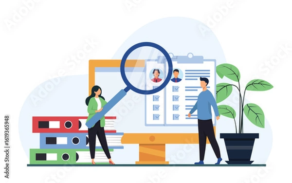 Obraz People Characters Choosing Best Candidate for Job. Hr Managers Searching New Employee. Recruitment Process. Flat Vector Illustration.