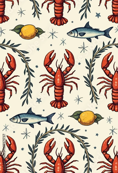 Fototapeta A charming and rustic seamless pattern with detailed illustrations of lobsters, fish, and lemons, perfect for a coastal kitchen or seafood restaurant decor.
