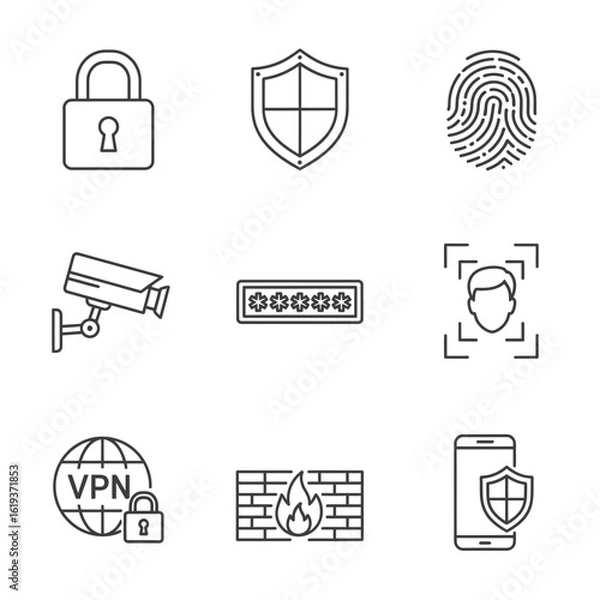 Fototapeta Security elements like padlock, shield, fingerprint, CCTV camera, password, face ID and VPN, Security icons for internet, personal and corporate security