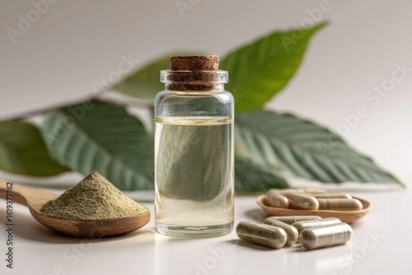 Fototapeta Kratom water in a clear glass bottle. Kratom extract in capsules and kratom powder placed next to them , on white background , Generative AI