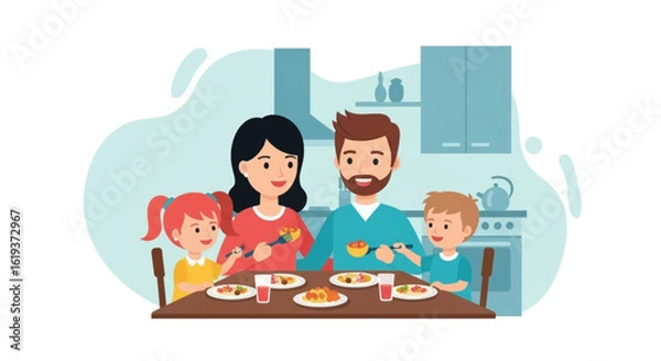 Fototapeta Happy family enjoying a meal together at home, perfect for family blogs or parenting websites.