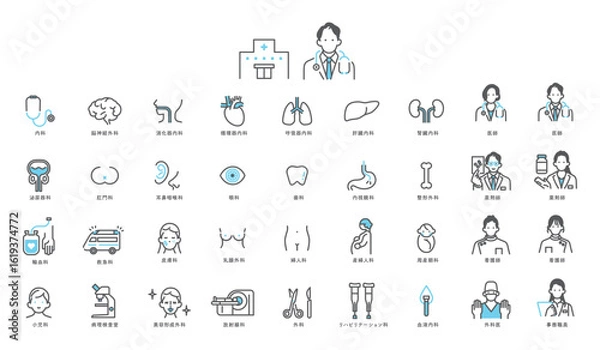 Obraz シンプル　イラスト　病院の診療科目のイメージ アイコンセット