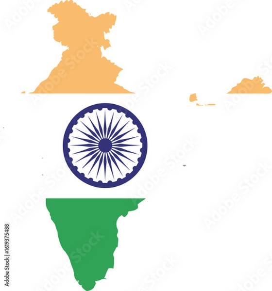 Fototapeta India map silhouette filled with the colors of the Indian flag: saffron, white with a blue chakra, and green.