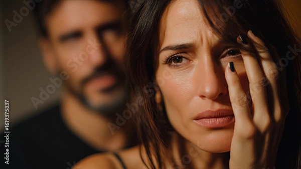 Fototapeta A close-up shows a distraught woman covering part of her face with her hand, her eyes filled with sadness, with a blurred man in the background.