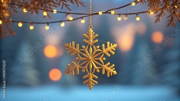 Fototapeta Golden snowflake ornament hangs from a string of warm christmas lights outdoors