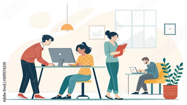 Fototapeta Collaborative Teamwork in a Modern Office: Illustration for Websites and Brochures