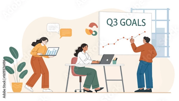 Fototapeta Teamwork and Q3 Goals: Illustration for Business Presentations
