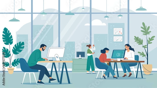 Fototapeta Modern office workers collaborating on projects, perfect for website banners or business brochures.