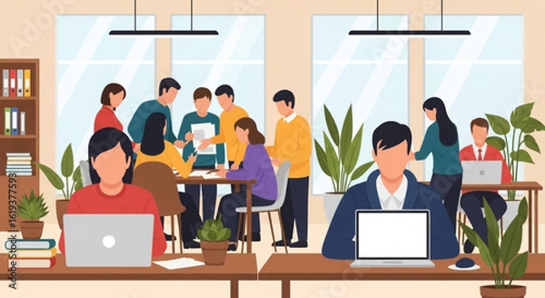 Obraz Diverse team collaborating in a modern office, ideal for website banners or business presentations.