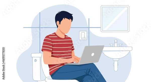 Fototapeta Man working on laptop in bathroom - perfect for articles about work-life balance or remote work challenges.