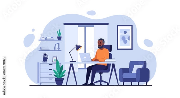 Fototapeta African American man working from home on laptop, ideal for remote work, freelance, and productivity website or blog.