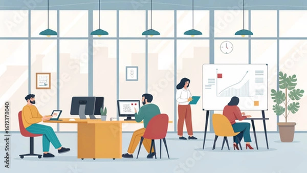 Fototapeta Modern office workers collaborating on a project, perfect for illustrating teamwork and productivity in business brochures or websites.