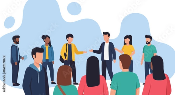 Fototapeta Diverse group of people engaging in a casual discussion, perfect for teamwork or collaboration concepts.