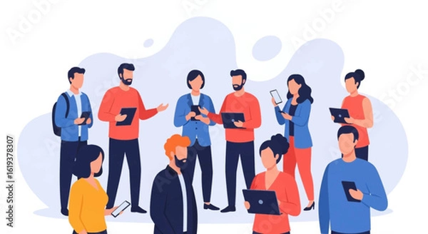 Fototapeta Diverse group of people using mobile devices and laptops. Ideal for websites, presentations, and marketing materials related to technology, communication, and teamwork.