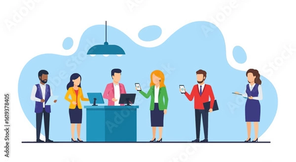 Fototapeta Diverse business team collaborating in modern office, ideal for website banners or presentations.