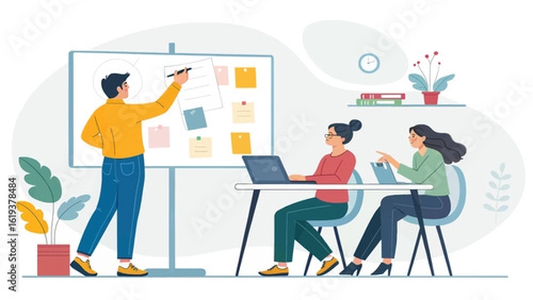 Fototapeta Team brainstorming session, ideal for project management and teamwork landing pages.
