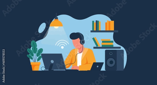 Fototapeta Person working from home with laptop, headphones, and speaker. Ideal for website banners, blog posts, and articles about remote work.