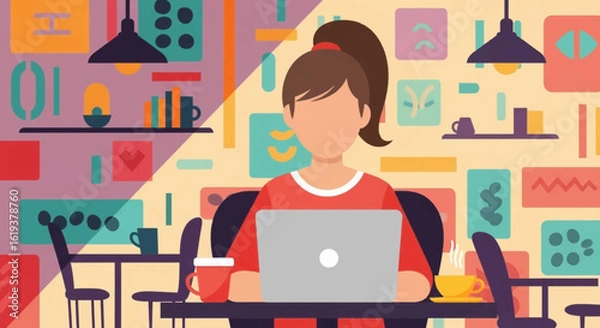 Fototapeta Young woman working on laptop in a colorful cafe, perfect for website banners or blog posts about remote work.