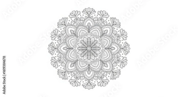 Fototapeta Intricate oval mandala design featuring symmetrical patterns and detailed line art on a white background for decorative purposes