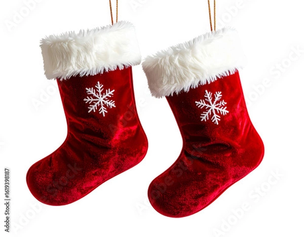 Obraz Hanging Santa Boots with Fur Trim and Snowflake Design, Top Hook Suspension, Transparent Background