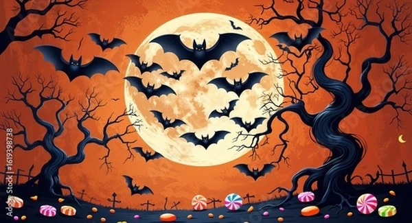 Fototapeta Halloween Night Scene Featuring Glowing Full Moon, Flying Bats, Bare Trees and Colorful Candy in Grungy Orange Sky Background for Posters and Party Banners