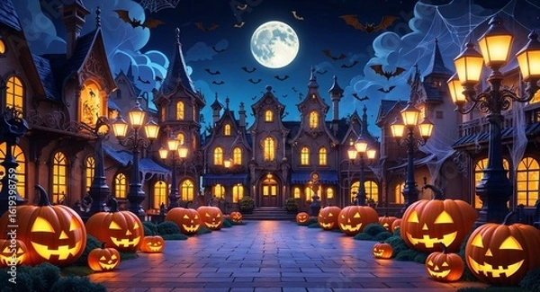 Fototapeta Flat Vector Illustration of a Halloween Town with Haunted Buildings, Bats, Glowing Pumpkin