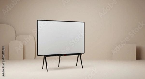 Fototapeta Empty white board mockup on easel in modern studio setting, balanced tones