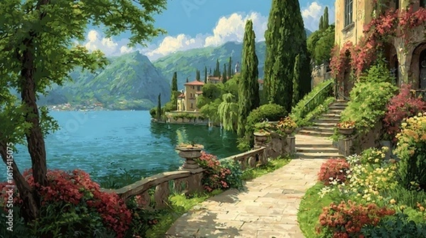 Fototapeta Digital Art of Italian Garden with Lake, Stone Path, and Mountain View

