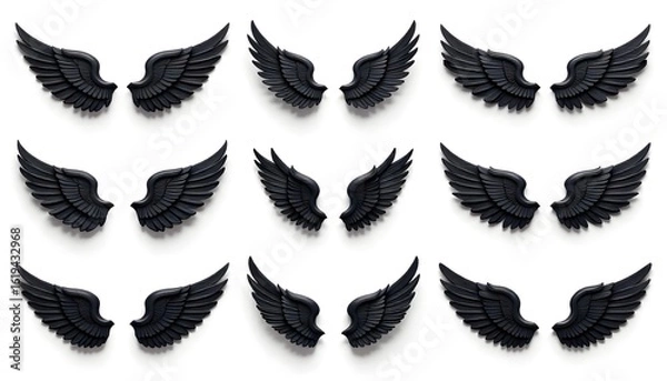 Obraz Black wings icon set, collection in different shape. Simple angel wings vector.