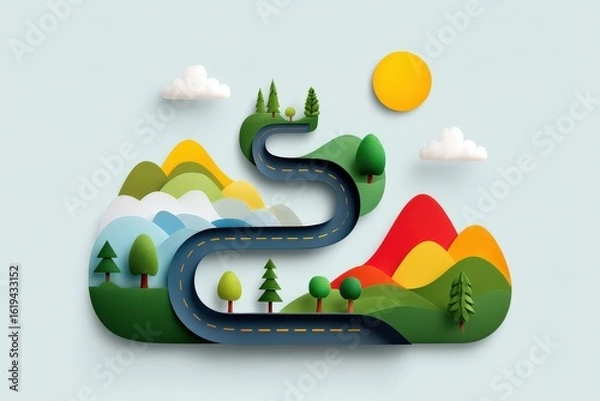 Obraz A winding road made of circuit lines leads through forests, buildings, and solar farms, symbolizing sustainable growth, educational paths, interdisciplinary leadership, and the diverse journey of