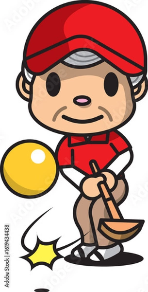 Fototapeta 赤い帽子　シャツ　高齢の男性　黄色いボール　ゲートボール　可愛らしいイラスト