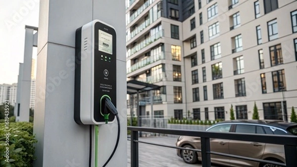 Fototapeta Ev Charging In Residential Building Concept Electric vehicle charger in an urban setting next to modern buildings.