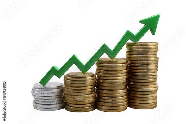 Fototapeta Financial growth represented by stacks of coins and an upward trending green arrow isolated on transparent background