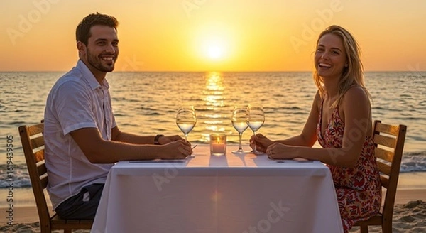 Obraz Romantic dinner at sunset beach