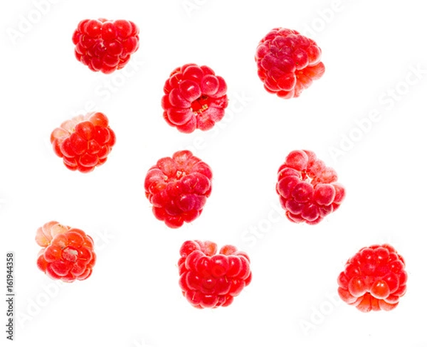 Fototapeta Juicy red raspberries on white background