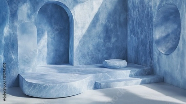 Fototapeta Abstract, light-filled, blue marble podium display.