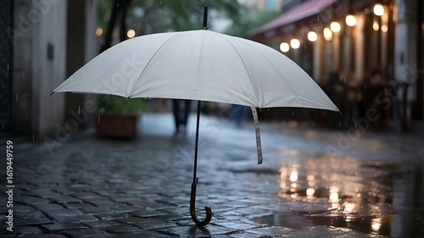 Fototapeta White umbrella on a wet cobblestone street at night with bokeh lights