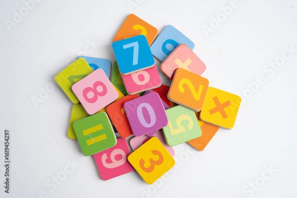 Fototapeta Number wood block cubes for learning Mathematic, education math.