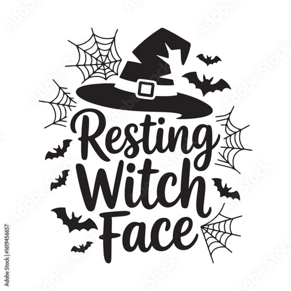 Fototapeta Resting Witch Face Halloween Design with Hat Bats and Spiderwebs