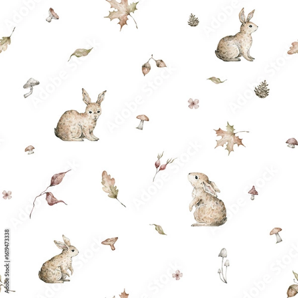 Fototapeta Watercolor seamless pattern with cute rabbits, muchrooms and autumn leaves. Wild animals, berries, pinecone. Hand-drawn adorable animals, branch, plants. Fall background